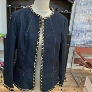 Lafayette 148 New York Denim Navy Blazer with Gold Chain Trim
